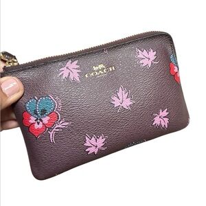 Coach Floral Print Leather Wristlet in Plum with Pink Accents